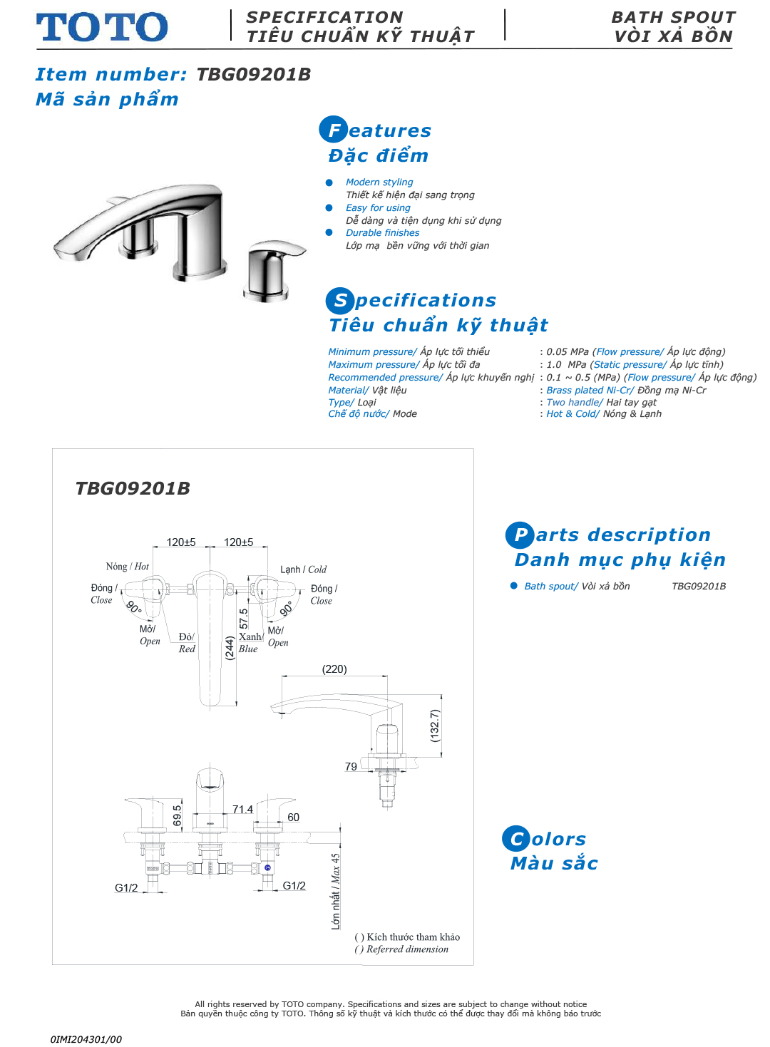 ban ve thong so voi sen nong lanh gan bon tam TOTO TBG09201B ban ve thong so voi sen nong lanh gan bon tam TOTO TBG09201B
