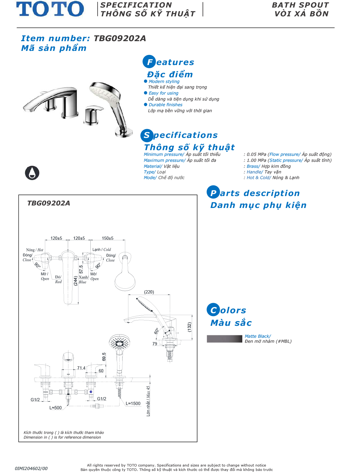 ban ve thong so voi sen nong lanh gan bon tam TOTO TBG09202A ban ve thong so voi sen nong lanh gan bon tam TOTO TBG09202A