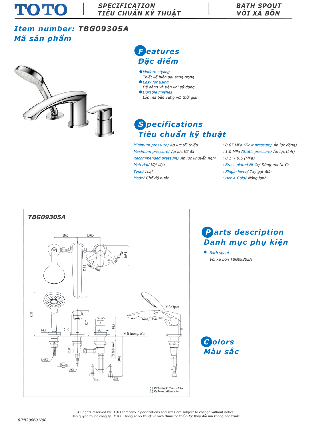ban ve thong so voi sen nong lanh gan bon tam TOTO TBG09305A ban ve thong so voi sen nong lanh gan bon tam TOTO TBG09305A