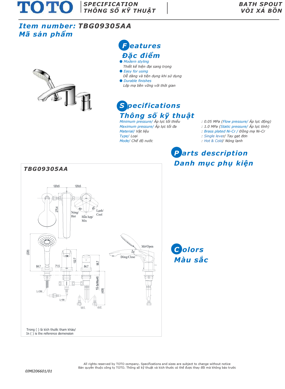 ban ve thong so voi sen nong lanh gan bon tam TOTO TBG09305AA ban ve thong so voi sen nong lanh gan bon tam TOTO TBG09305AA