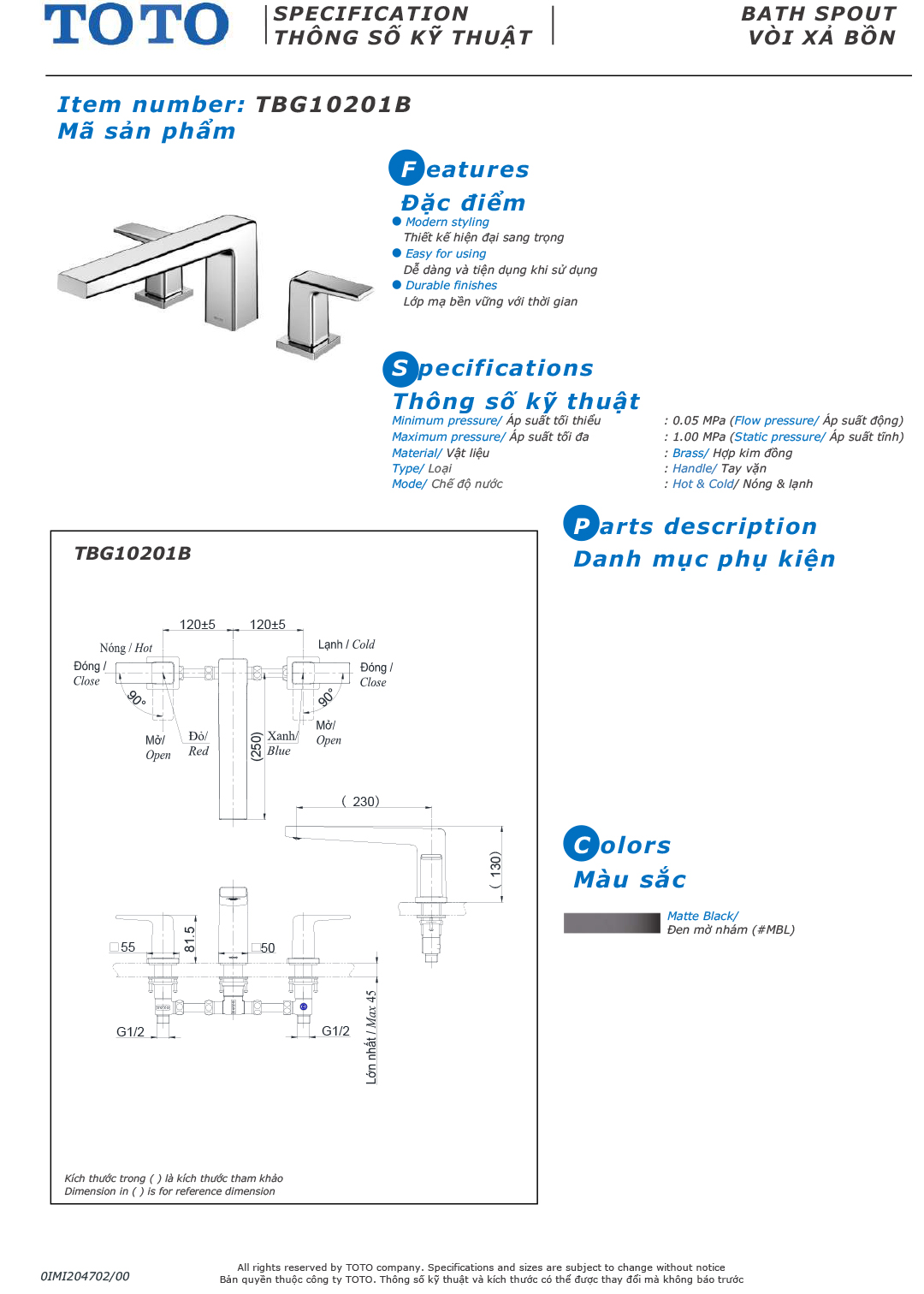 ban ve thong so voi sen nong lanh gan bon tam TOTO TBG10201B ban ve thong so voi sen nong lanh gan bon tam TOTO TBG10201B