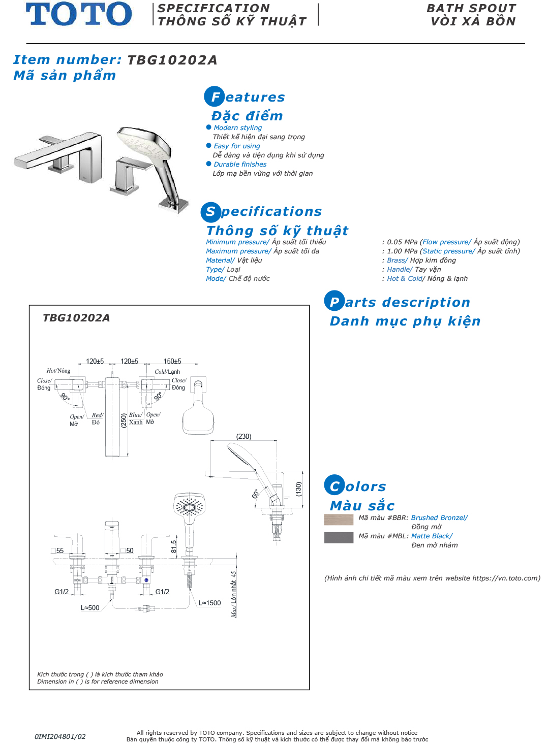 ban ve thong so voi sen nong lanh gan bon tam TOTO TBG10202A ban ve thong so voi sen nong lanh gan bon tam TOTO TBG10202A