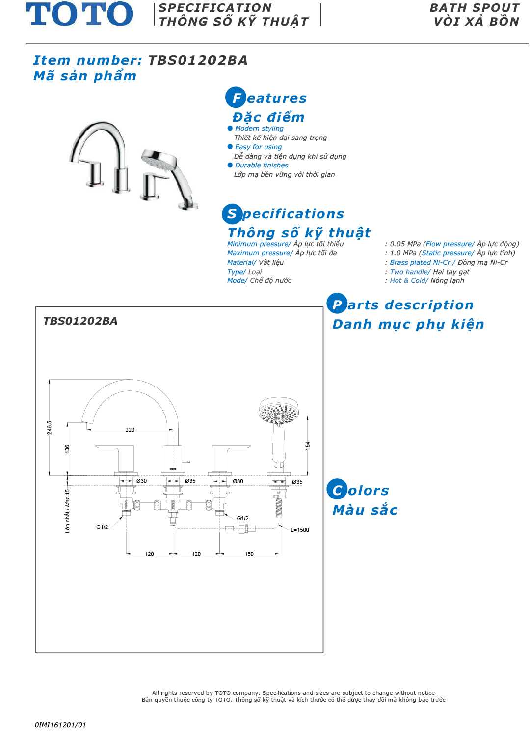 ban ve thong so voi sen nong lanh gan bon tam TOTO TBS01202BA ban ve thong so voi sen nong lanh gan bon tam TOTO TBS01202BA