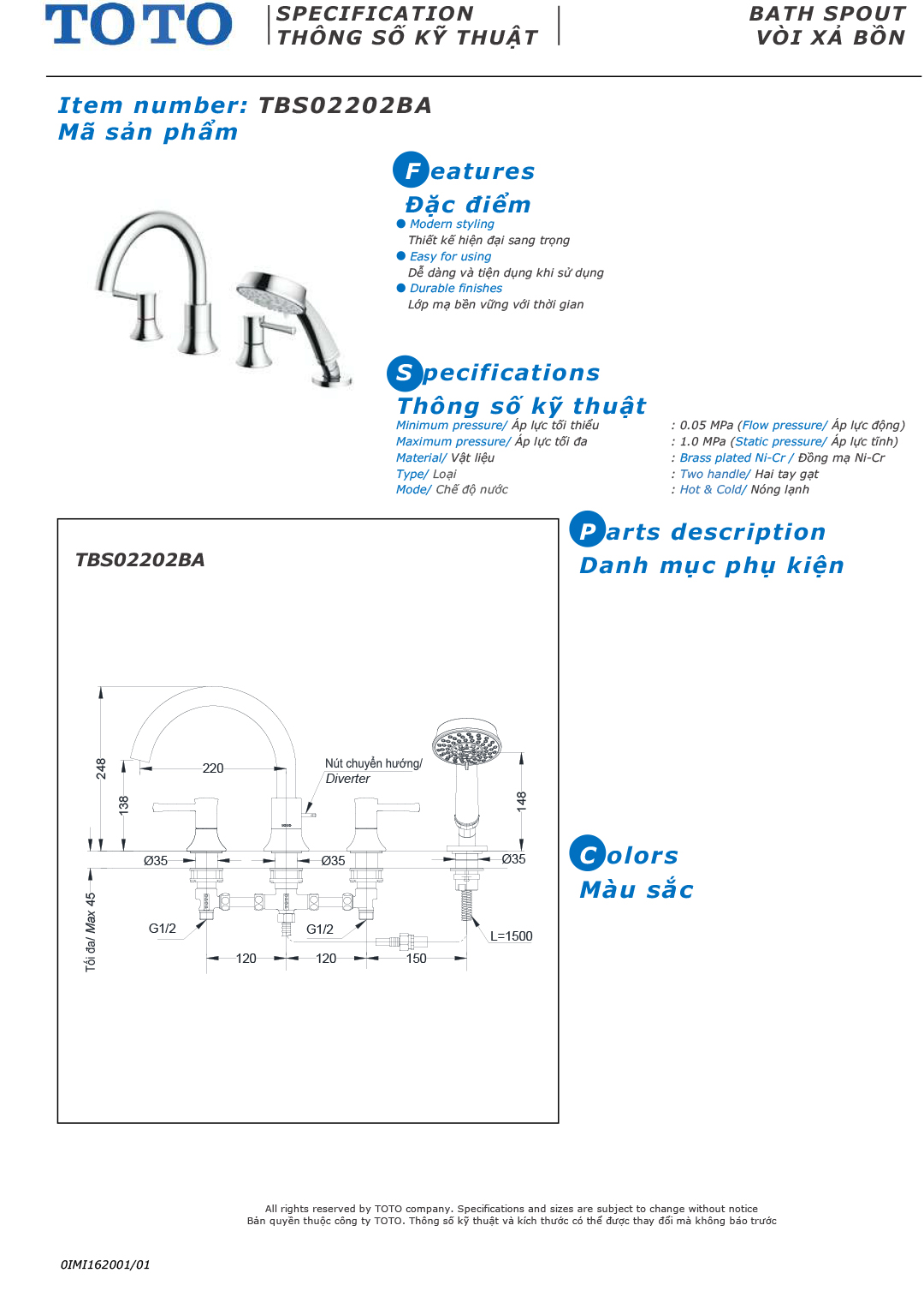 ban ve thong so voi sen nong lanh gan bon tam TOTO TBS02202BA
