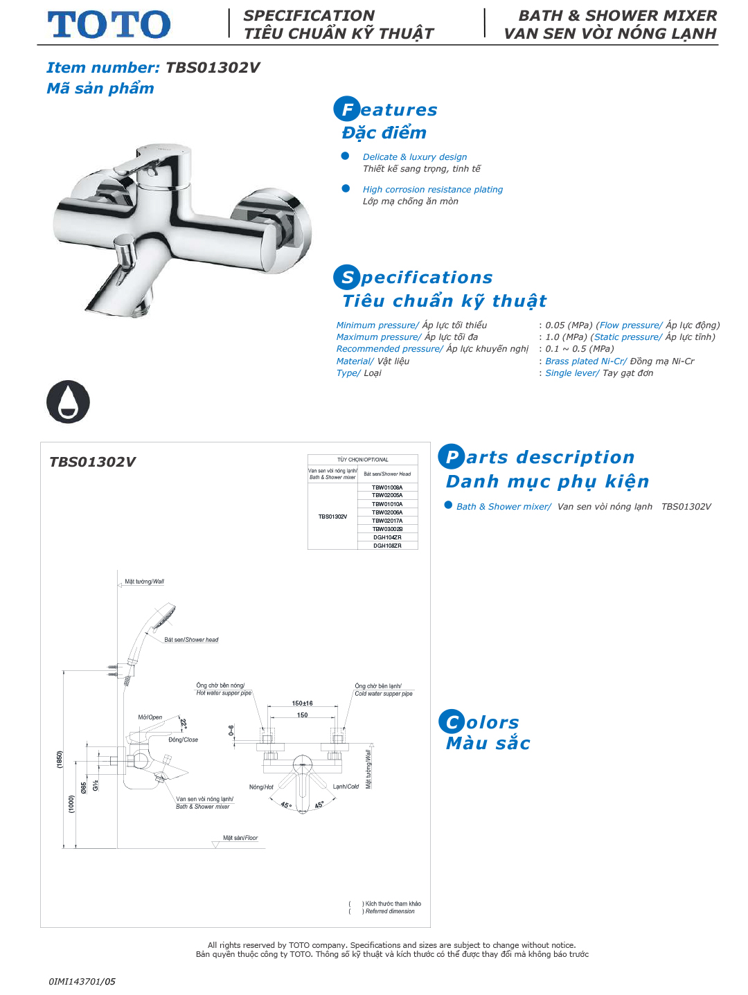 ban ve thong so voi sen tam nong lanh TOTO TBS01302V TBW02017A