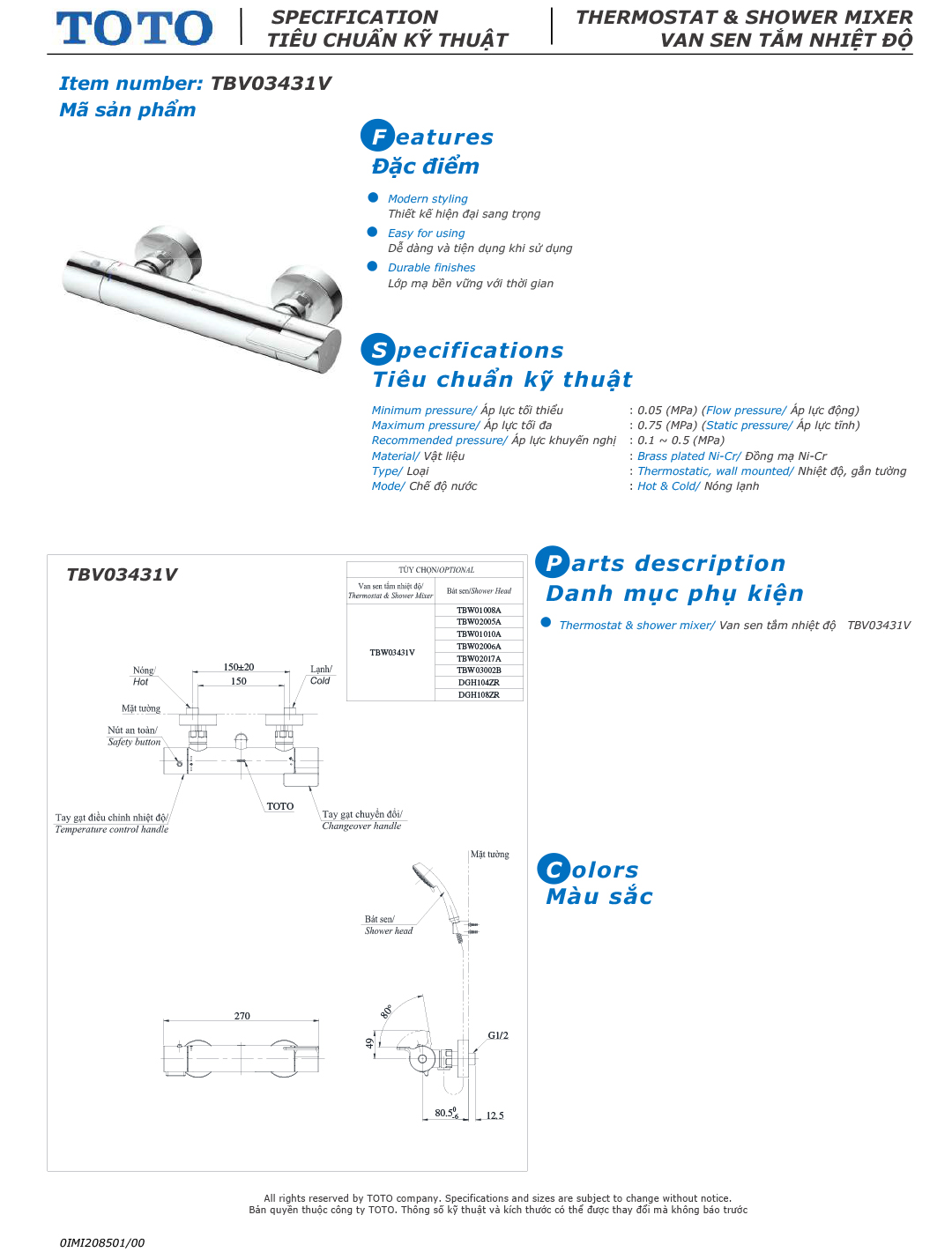 ban ve thong so voi sen tam nong lanh TOTO TBV03431V TBW01010A