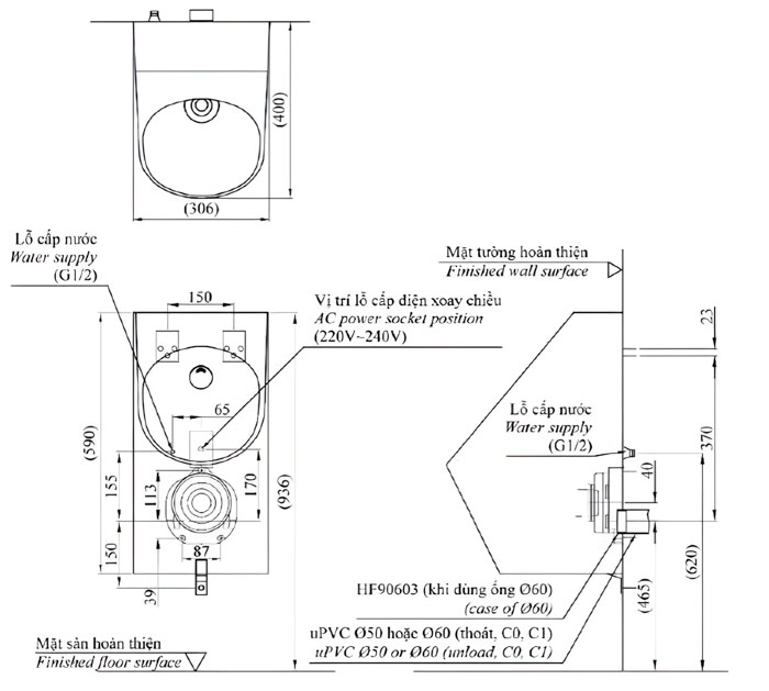 bản vẽ bệ tiểu nam treo tường USWN925AEV